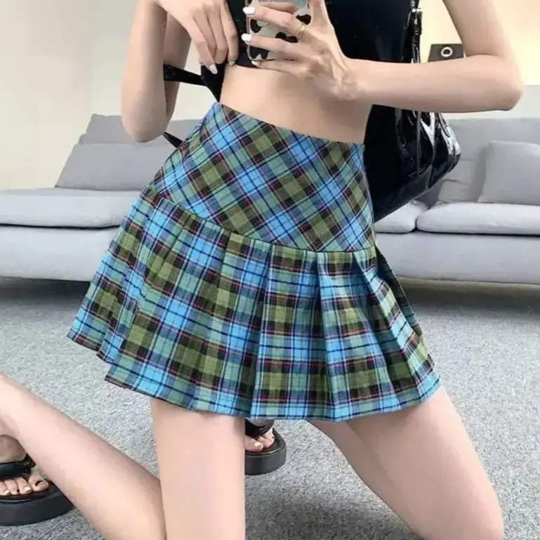 

Preppy Style Pleated Mini Skirt Girls Retro Slit High Waist Dance Skirts Students Y2k High Quality Plaid Harajuku Mini Skirt