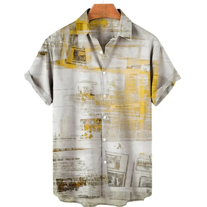 thumbnail image 1 of Camisa retro de manga corta para hombre, periódicos antiguos impresos en 3D, diseño de botones informal y moderno para ropa de calle y hogar, 1 of 5