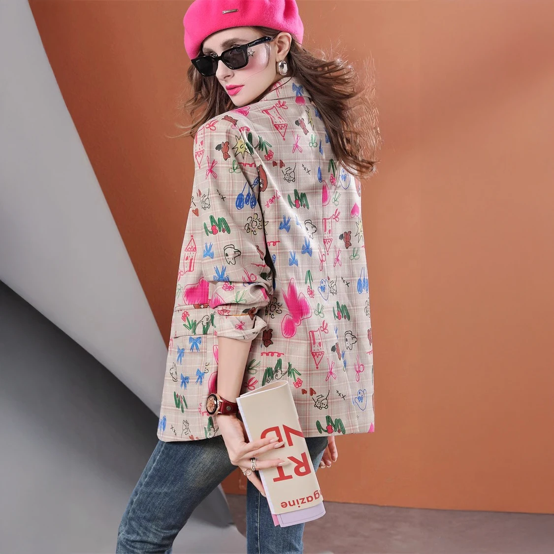Autumn mid-length hand-painted graffiti print casual women's plaid suit jacket 6