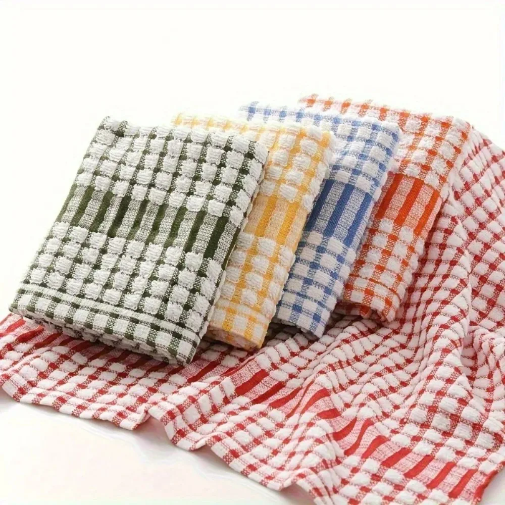 Dish Towels 5pcs Absorbent Plaid Reusable Kitchen Cleaning Cloths Assorted Colors