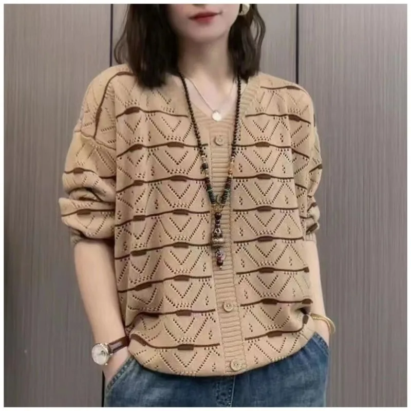 

Spring and Autumn Women's Pullover V-neck Solid Geometric Pattern Hollow Button Long Sleeve Sweater Bottom Knit Fashion Tops