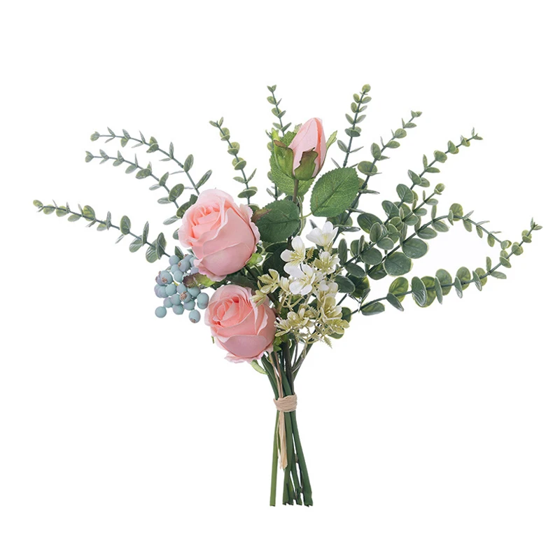 Wedding Flower Bouquet Artificial Silk Rose Lucky Ball Bride Bouquet Flower Home Wedding Decor Forest Style Eucalyptus