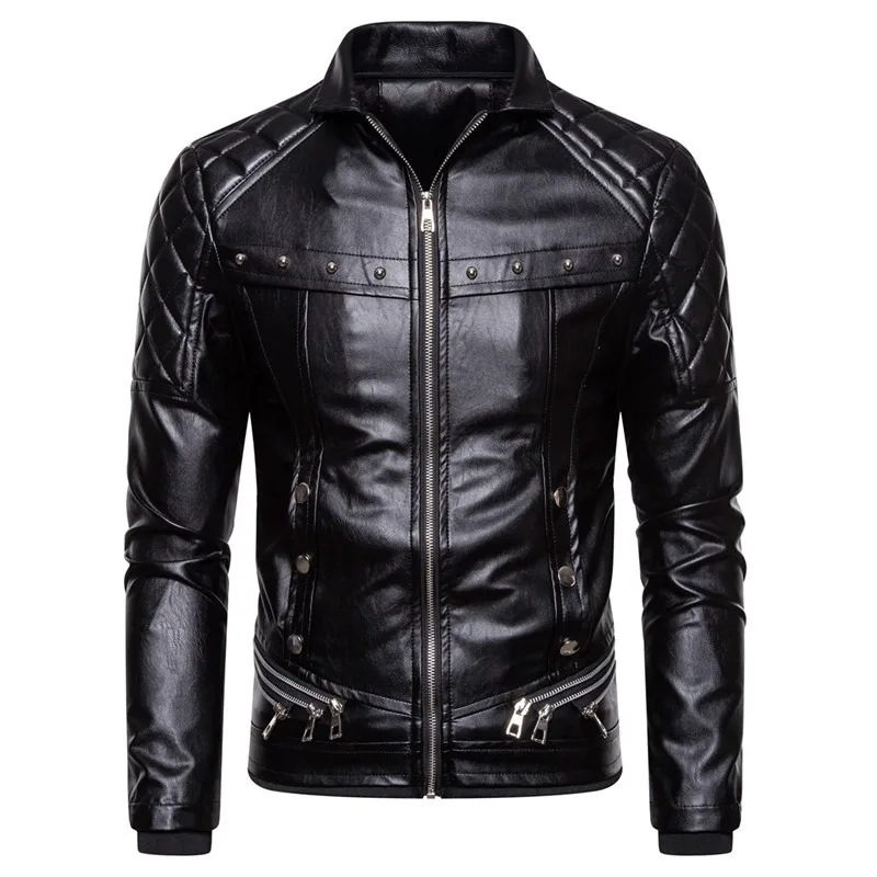 2023 New Men Punk Detachable Fur Collar Coat Rivet Compressed Cotton Thick Windproof Locomotive Style Leather Jacket Coat Male
