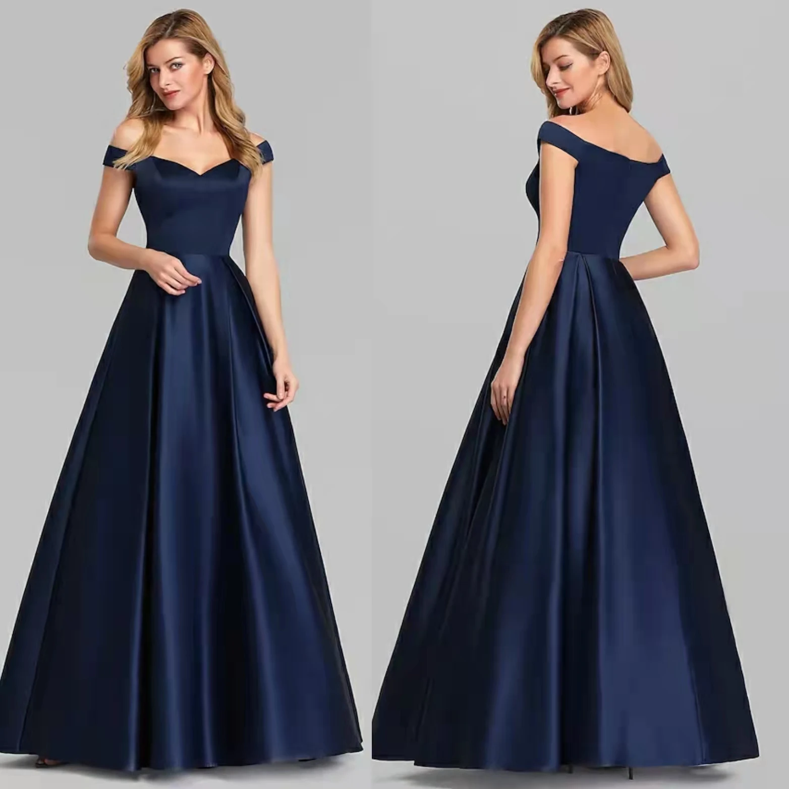 

Classic Long Satin Navy Blue Prom Dresses With Pockets A-Line Off Shoulder Floor Length Formal Occasion Evening Party Gowns