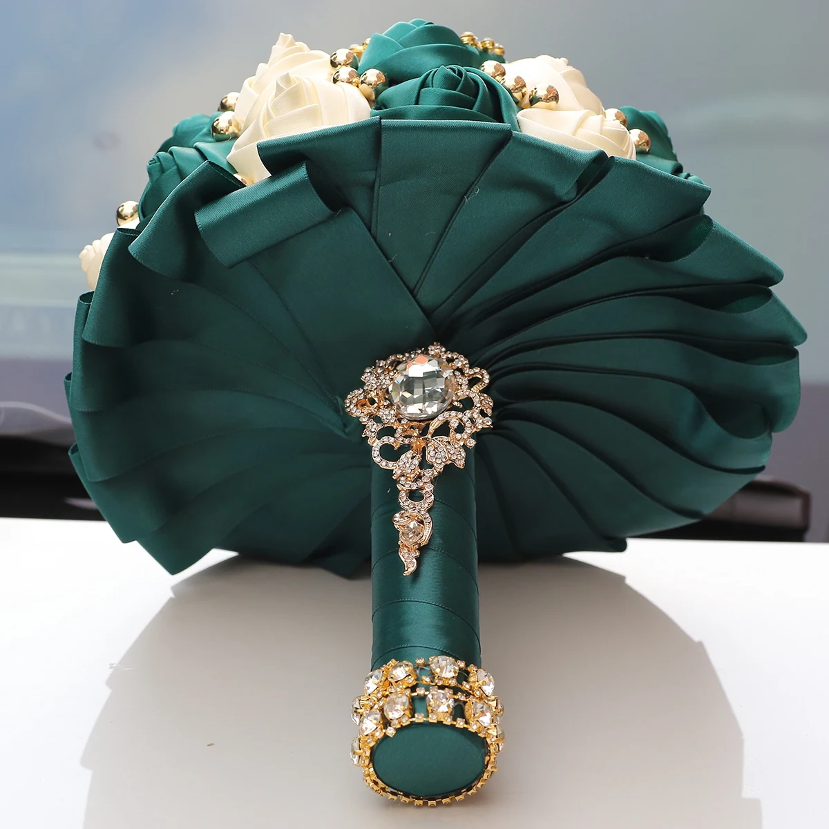 Bridal Luxury Joaquin rhinestone Pearl handmade simulation of white rosette ribbon wedding bouquet Wedding church bouquet W3218G