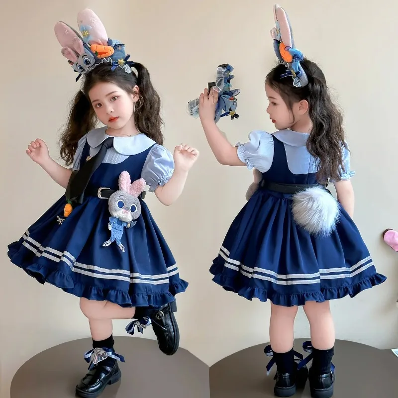 Judy Officer Costumes Short-Sleeved Lolita Dress Girls Halloween Carnival Zootopia Rabbit Cosplay Fancy Dress Birthday Gift 1
