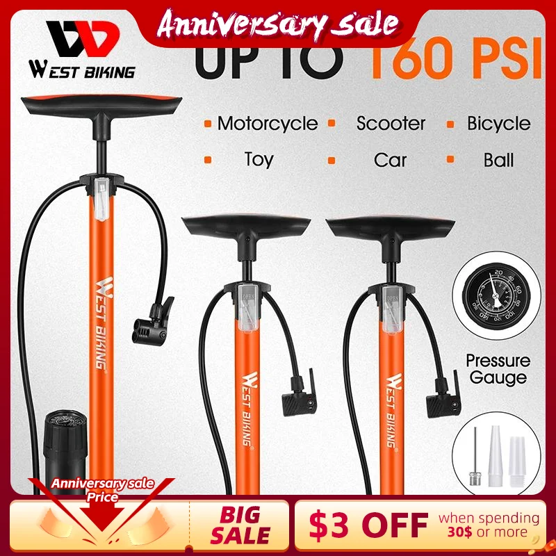 WESTBIKINGBikeBallPumpInflatorBicycleFloorPumpwithGaugefor