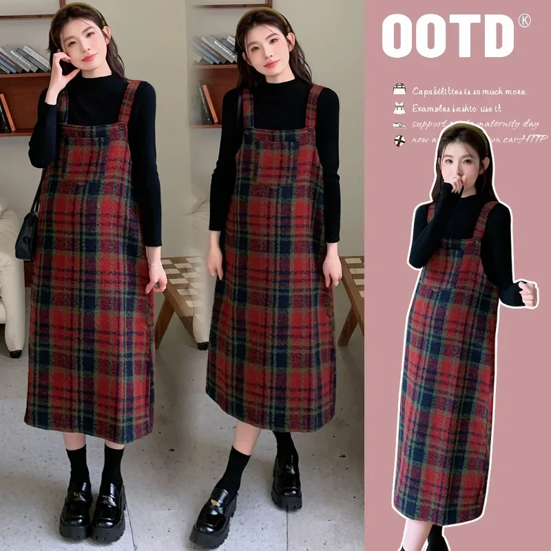Autumn/Winter New Vintage Red Plaid Maternity Suit Half Polo/Turtle Neck Knit Base Layer Pregnant Women Clothing Set