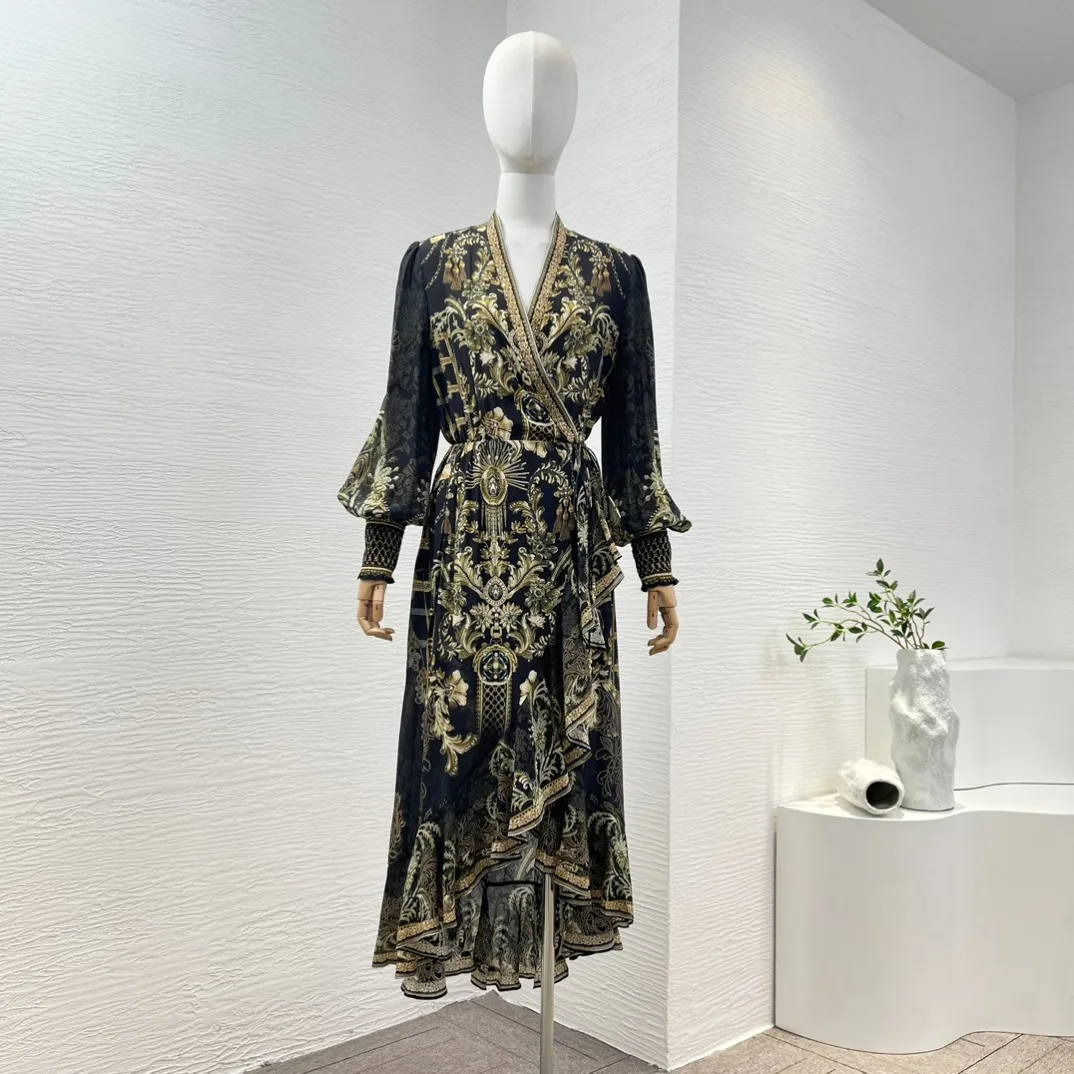 

2024 Spring Summer Black Golden Print Long Sleeve Diamonds Pressed V-Neck Irregular Tail Wrap Silk Midi Dress