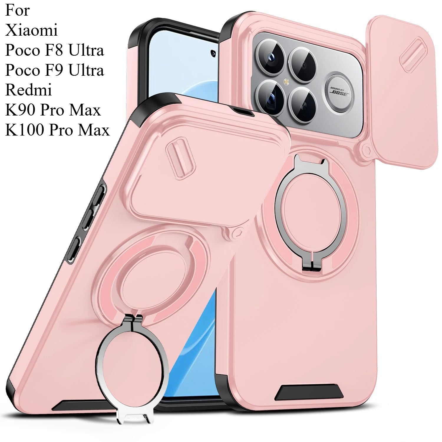 360° Rotating Magnetic Ring Protective Phone Case with Lens Window and Bracket Cover