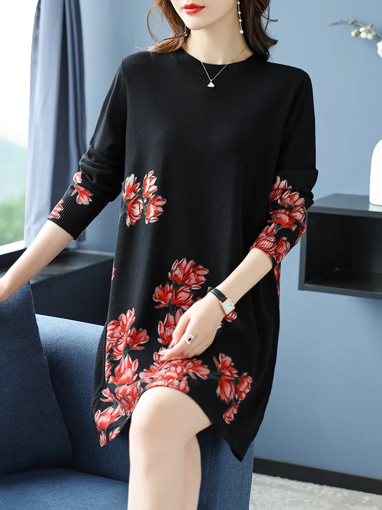 

3 Colors Floral Print Long Sweaters Dress Spring Womens Clothes Long Sleeve Femme Pullover Elasticity Loose Sweater Women