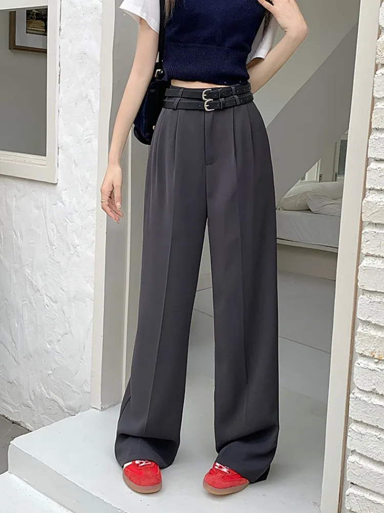 

S-XL 3 цвета корейские женские 2023 Летние повседневные Костюмные брюки с высокой двойной талией женские длинные брюки с широкими штанинами для женщин (75101