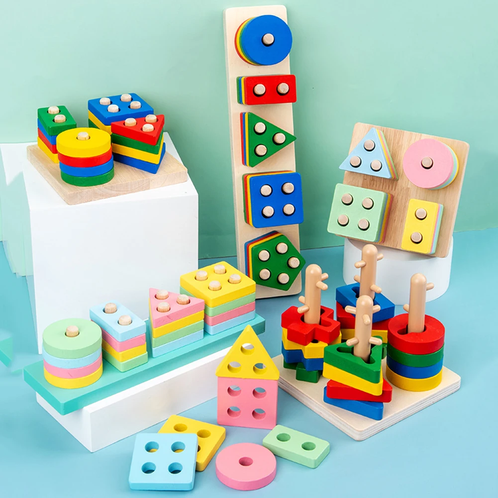 Baby Wooden Geometric Shapes Sorting Math Toys Set Montessori Toddler Kids Educational Stacked Puzzle Preschool Learning Game