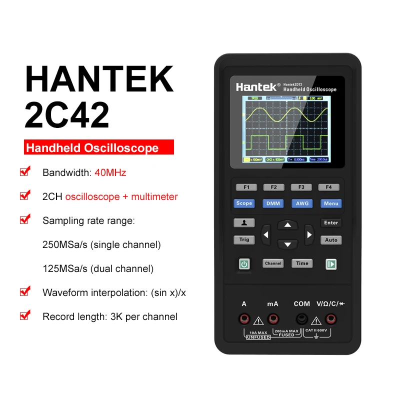 Hantek Digital Oscilloscope 2C72/2D72 3-In-1 Waveform Generator + Multimeter Portable + USB Oscilloscope 2-Channel 40mhz