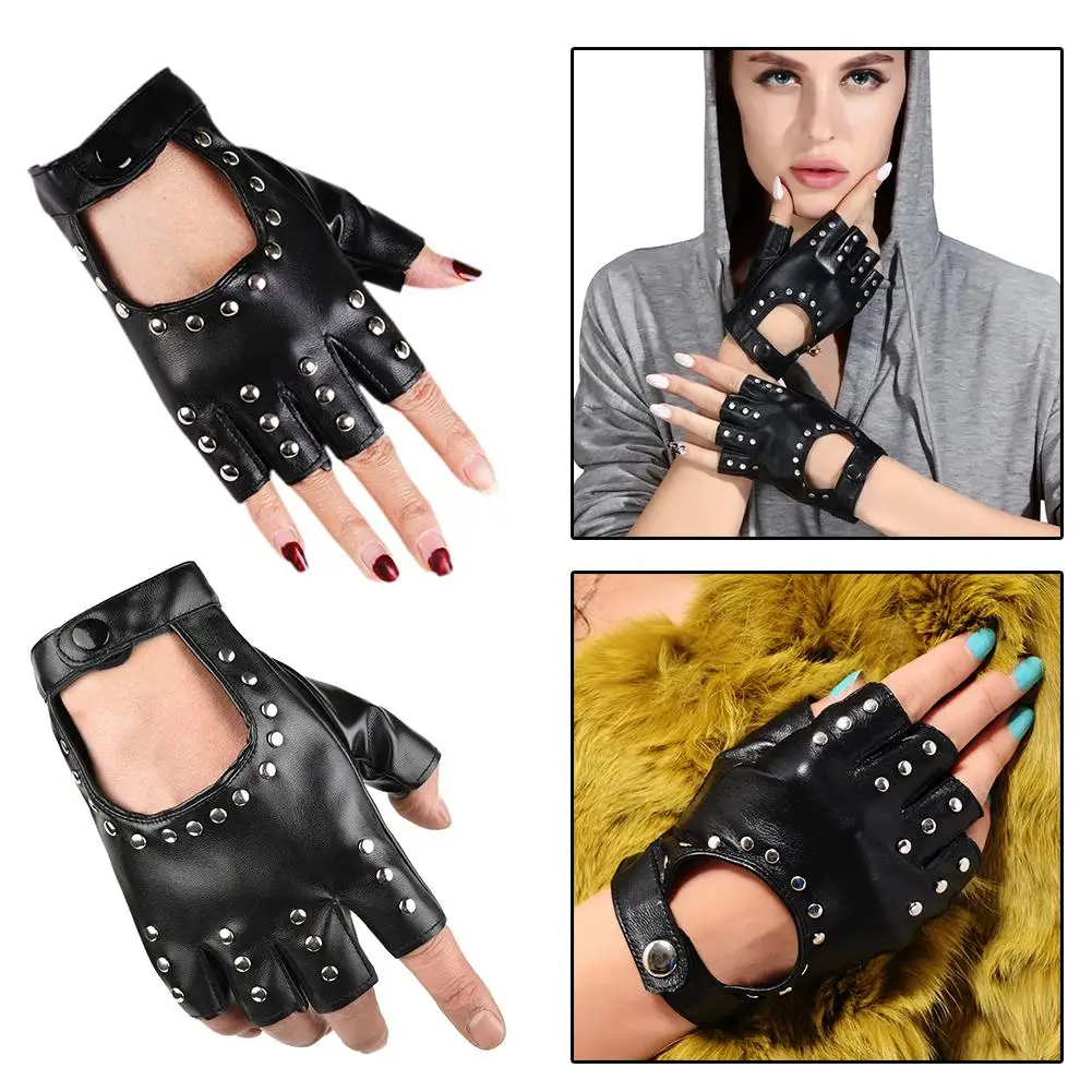 

Unisex Artificial Leather Half-Finger Gloves Theatrical Party Performance Fingerless Mittens Hip-Hop Motorcycle Driving Pun D2J3