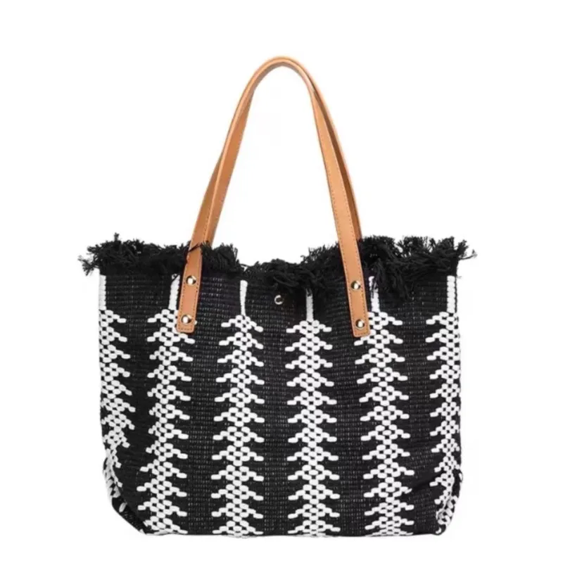 JIAERDI Woven Fringe Tote Bag Women Black Large Capacity Handbag Ladies Fashion Casual Versatile Personalized Underarm Bag 2025