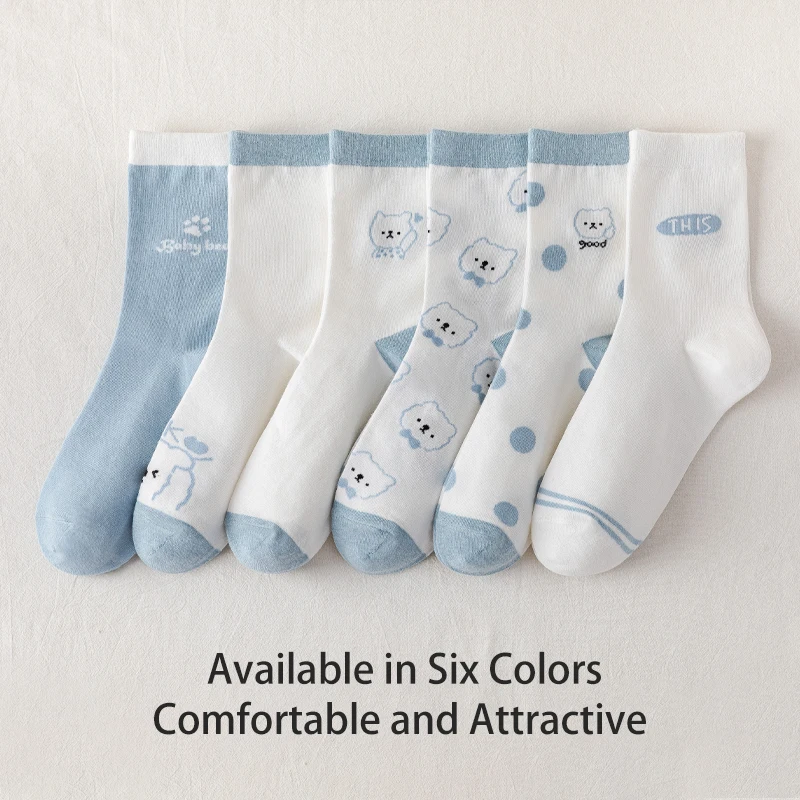 6 Pairs of Women's Spring and Autumn Cartoon Cute Teddy Bear Letters Slogan Fashion Versatile College Style Mid Tube Socks 2