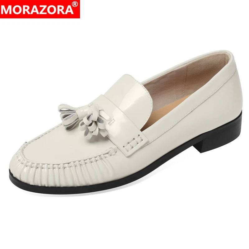 

MORAZORA 2023 New Genuine Leather Shoes Woman Loafers Slip On Ladies Flat Shoes Tassel Office Dress Shoes Ladies Flats Footwear
