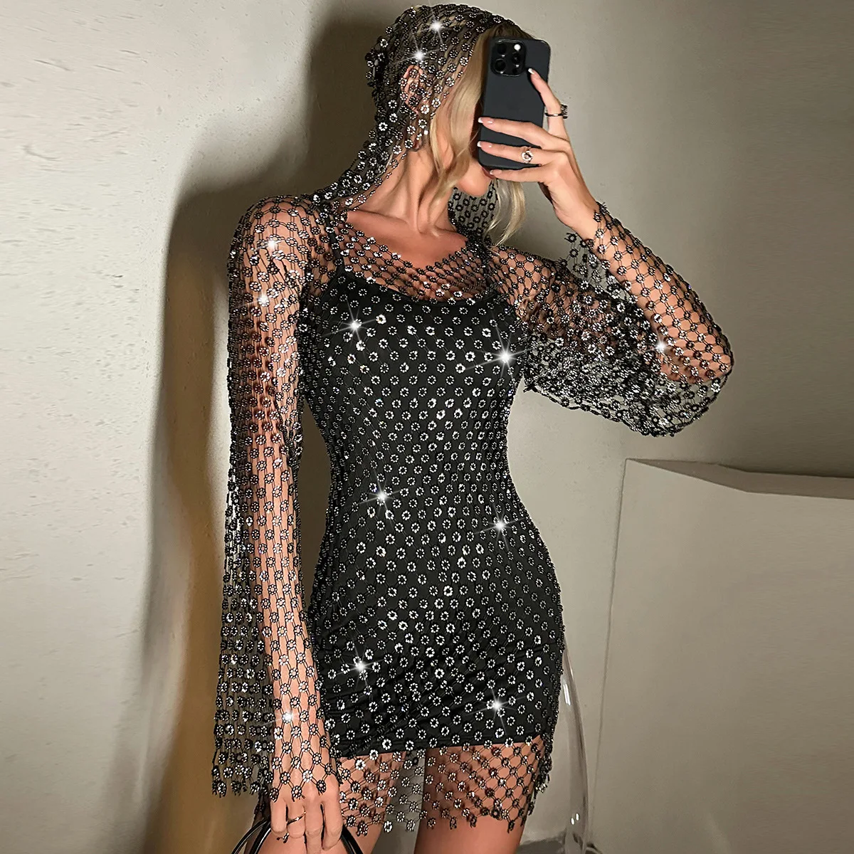 2024 Long Sleeve Fishnet Rhinestone Dress Sexy Cutout V-neck