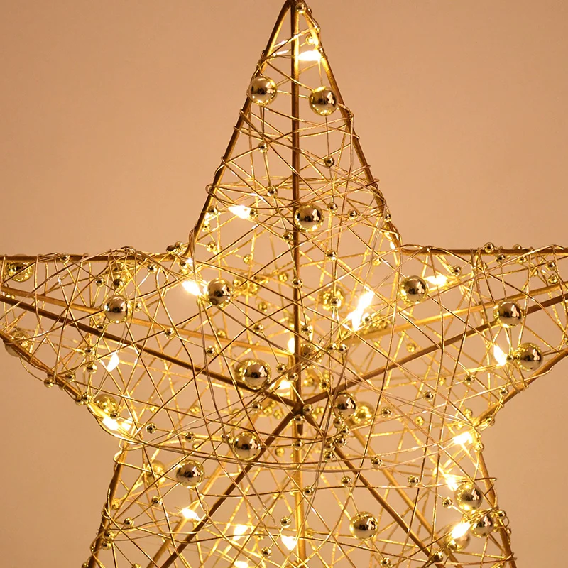 LED Light Christmas Tree Star Topper with Pearl Wire Gold Iron Xmas Tree Ornaments 2025 New Year Home Decoration Natal Noel 2024