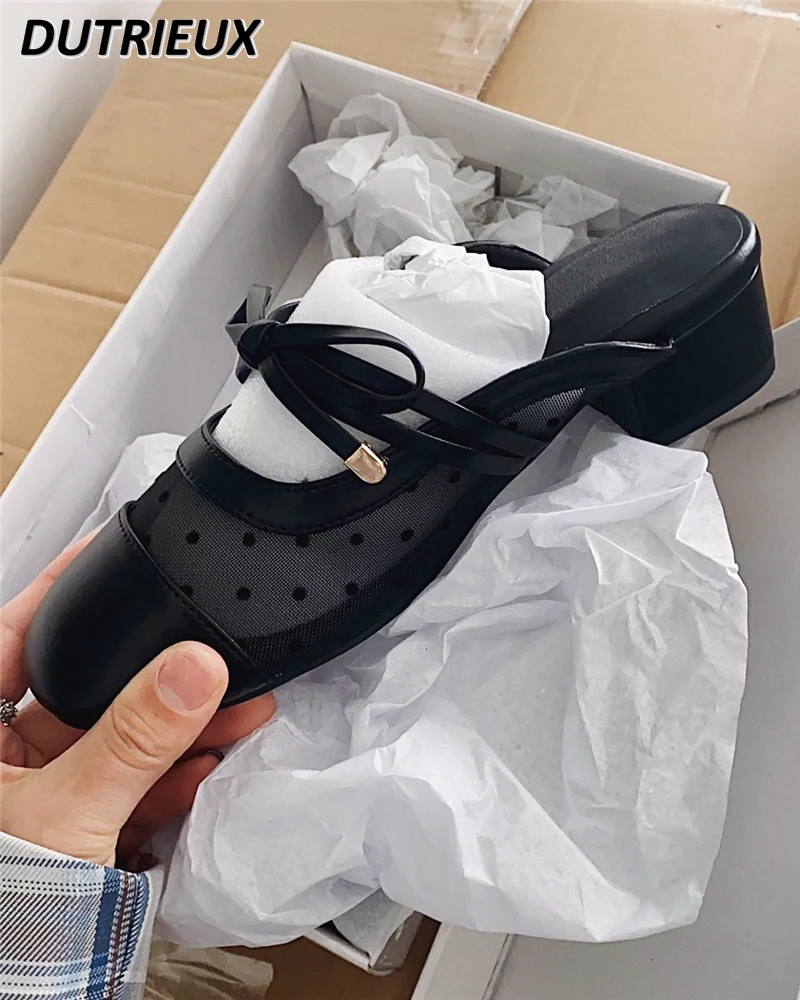 

Spring Summer Fashion Casual Mesh Polka Dot Bow Ladies Chunky Heel Pumps Japanese Style Sweet Cute Elegant Women's Shoes