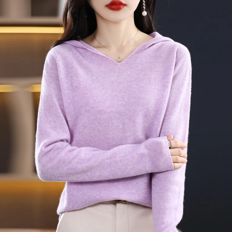 Spring And Autumn Clothing New Pure Wool Line Ready To Wear Hoodie Women's Pullover Versatile Knitting Loose Sweater Long Sleeve