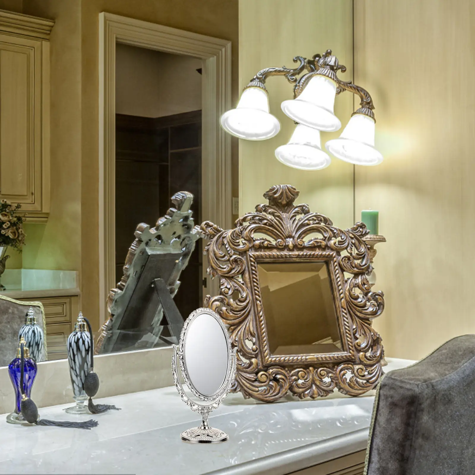 1Pcs 데스크탑 메이크업 거울 유럽 스타일 레트로 타원형 양면 360도 회전식 거울 욕실 침실 홈