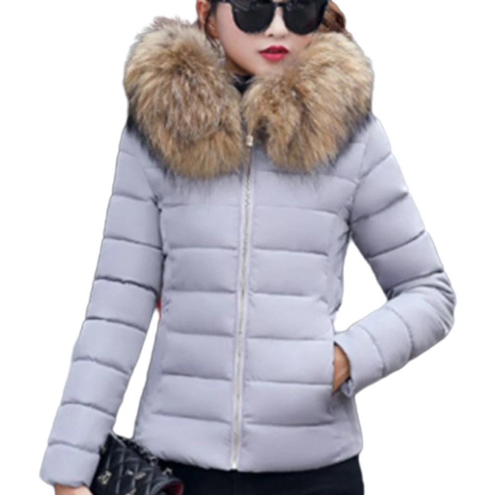 

Fashion Women Ladies Quilted Winter Parkas Coats Zip Up Padded Faxu Fur Collar Hooded Jackets Parka Overcoat