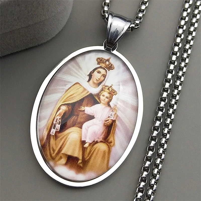 Virgin Mary Holding Baby Jesus Glass Pendant Necklace 4