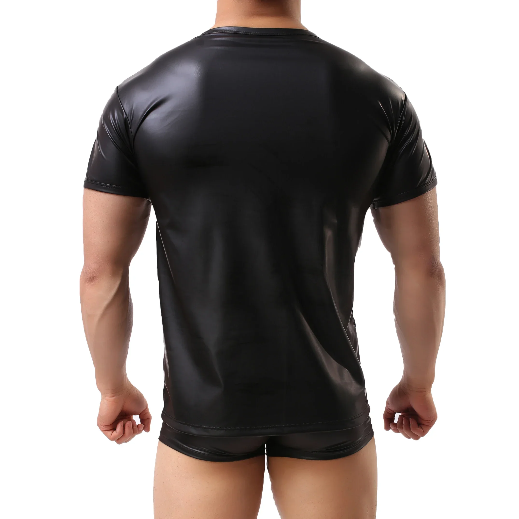 Mens PU Leather Short Sleeve T-shirt Sexy Latex Leather T-shirt Tops Boxer Shorts Underwear Stage Party Clubwear Men Clothes Set