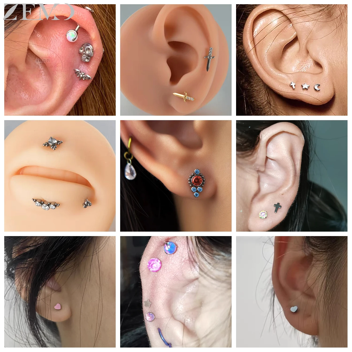 ZEMO 1 PC 16G G23 티타늄 스틸 Labret 립 피어싱 CZ 크리스탈 립 스터드 스네이크 소드 해골 먼로 헬릭스 조가비 피어싱 쥬얼리