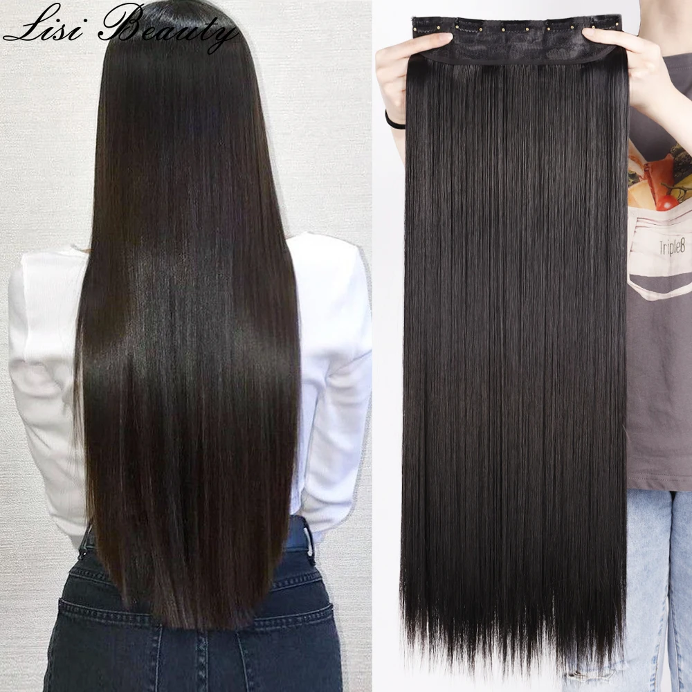 Synthetische 5 Clip In Hair Extensions Lange Rechte Kapsel Haarstukje Zwart Bruin Blond 80Cm Natuurlijke Nep Haar Voor Vrouwen