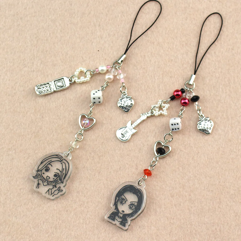 Acrylic Girl Avatar Cell Phone Chain Phone Light Sub Wind Guitar Beaded Pendant Card Book Coo Chain Keychain Bag