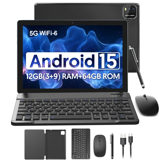 BAKEN 10-inch Android 15 tablet, 12GB (3+9 expandable) RAM + 64GB ROM, quad-core processor, WiFi, Bluetooth (available colors)