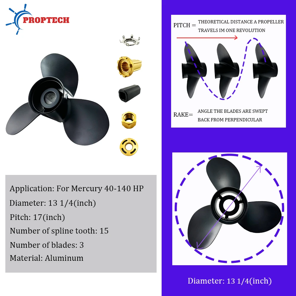 For Mercury 40 60 75 90 100 115 125 140 HP Accessory 48-77344A45 Marine Boat Outboard Propeller 13 1/4 &times; 17 Aluminum Alloy