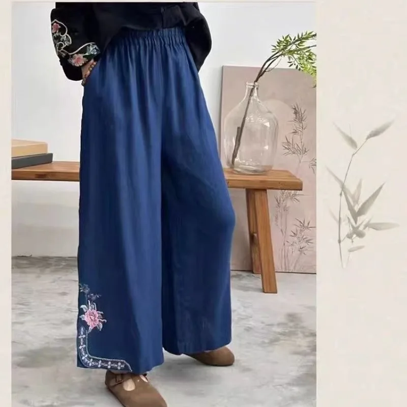 2024 Women's Spring Summer Retro Embroidery Elastic Cotton Hemp Temperament Versatile Casual Loose Crop Pants Wide Leg Pants