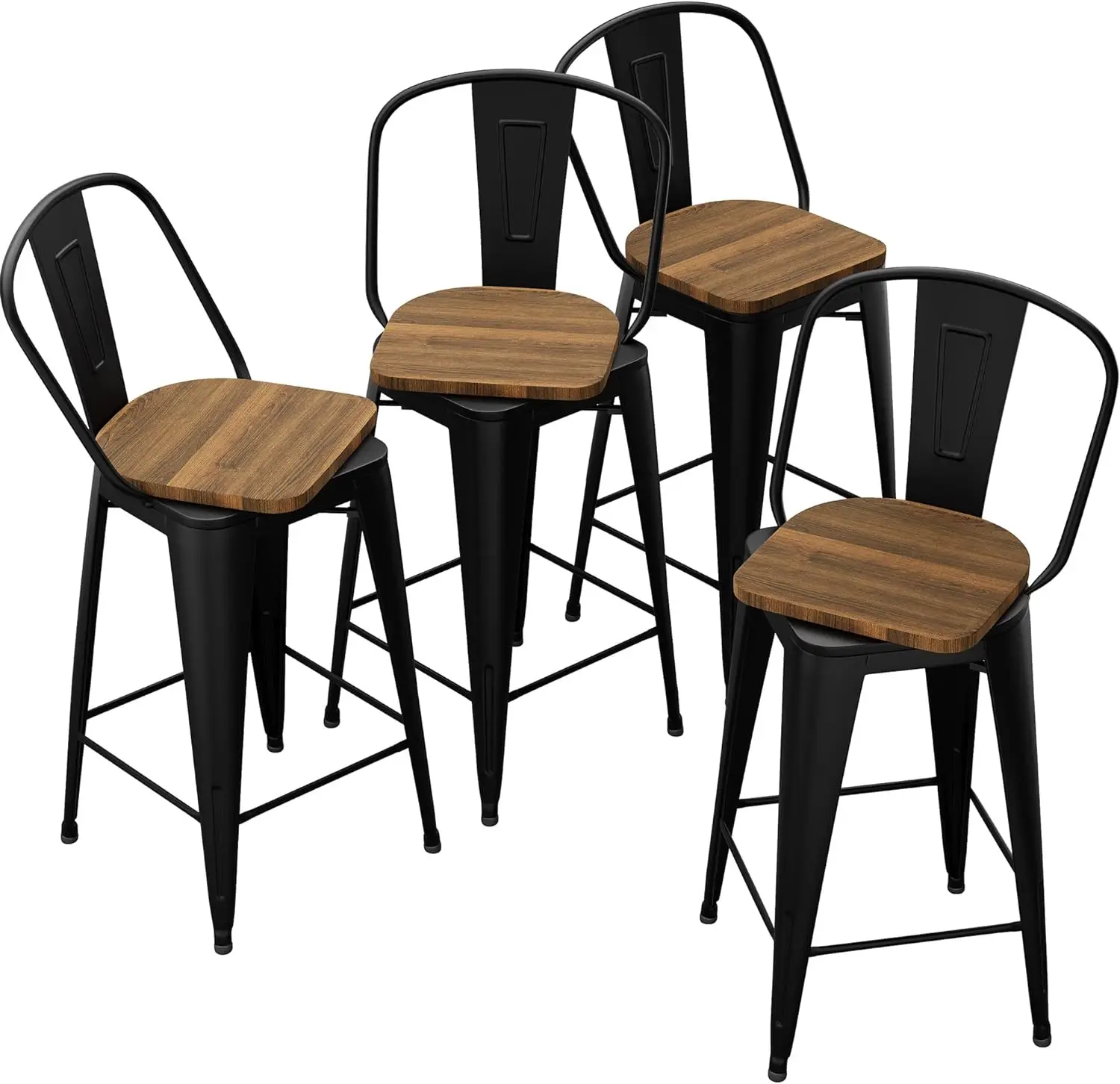 

30 Inch Swivel Bar Stools Industrial Metal Barstools High Back Dining Bar Chairs Counter Height Stools with Wooden Seat Set of 4