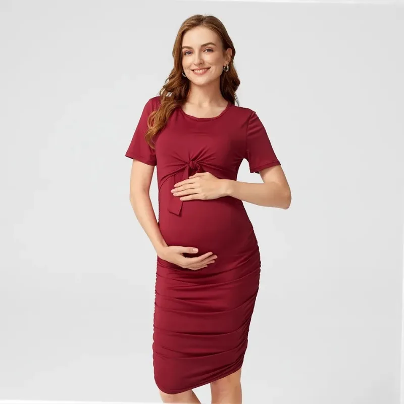 Summer Short sleeved Breastfeeding Round Neck Red Dress Comfortable Fashionable Trendy Solid Color Bow Maternity Wear 3 S978f385f64bd4f59a646762d7a7b9400z