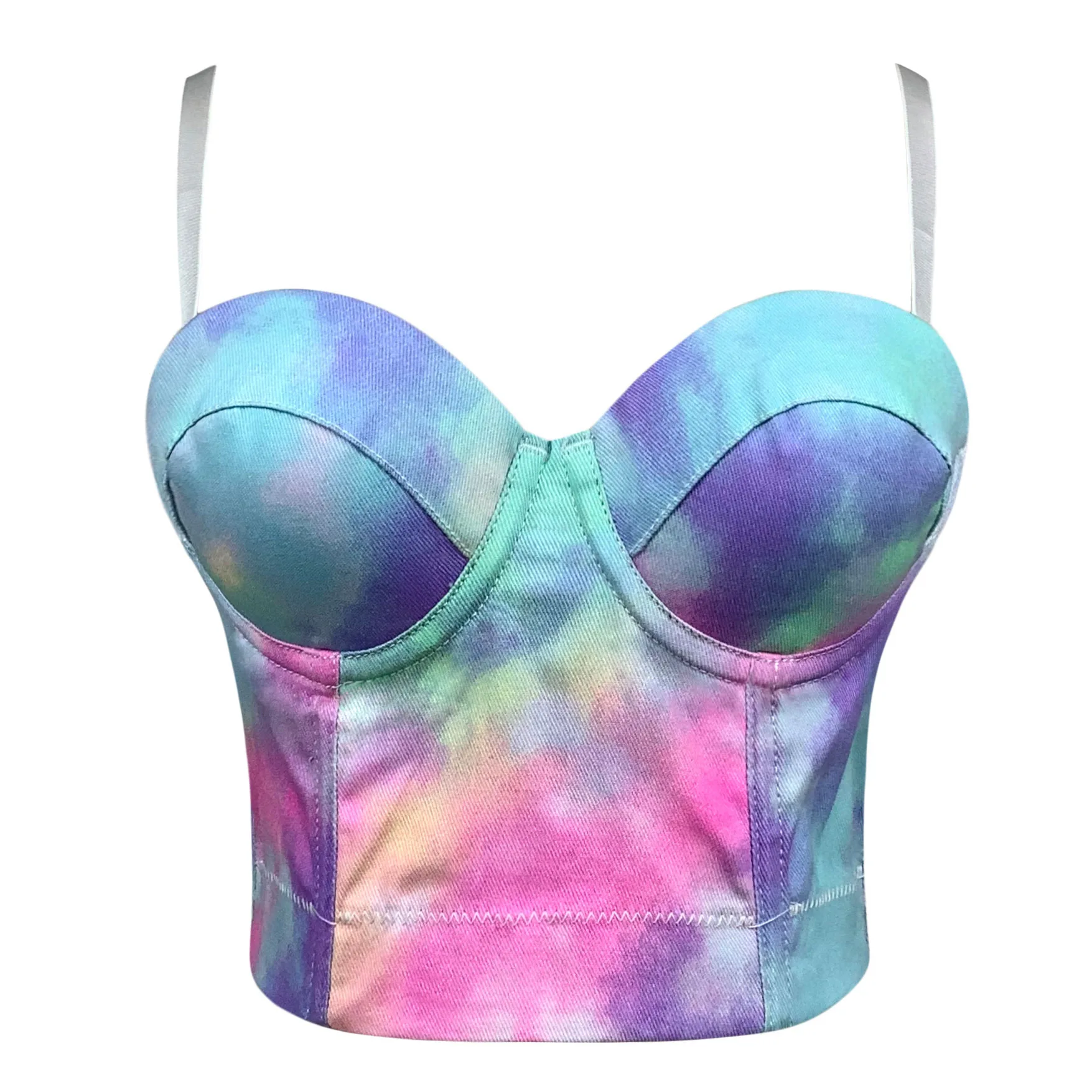

Women's Denim Tank Top Colorful Tie Dye Print Fashion Push Up Chest Binder Bra Bralette Overbust Corset Short Crop Bustier RS374