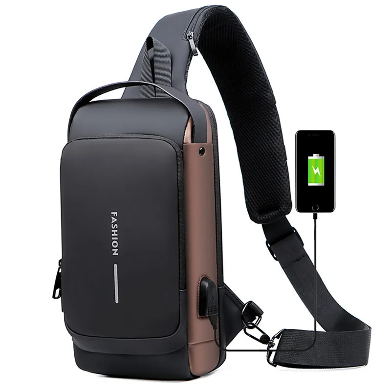 

Waterproof Casual Chest Bag Men Multifunction Anti-theft USB Charging Men Crossbody Bag Patent Leather Travel Chest Bag Pack Mal