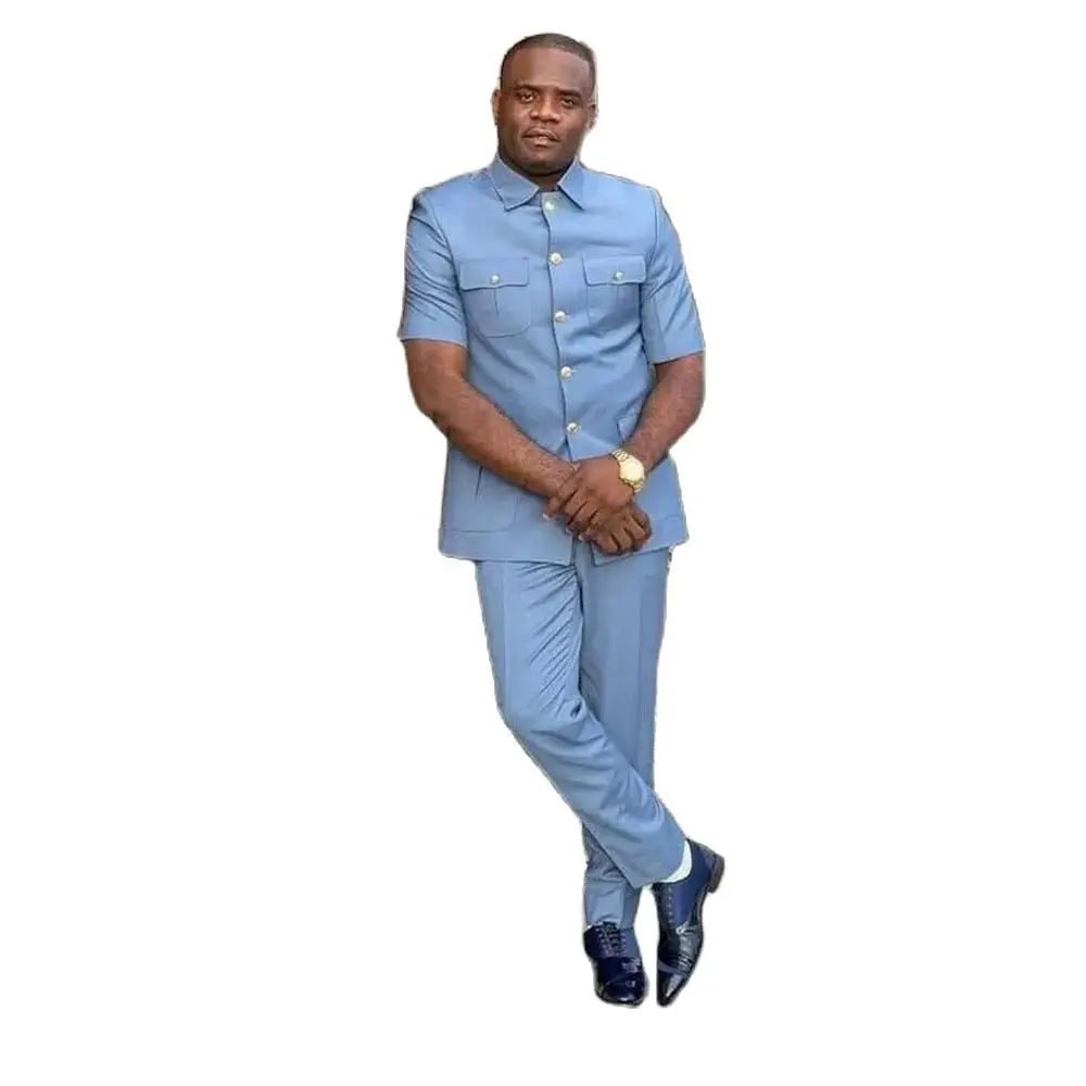 Men's Suits Blue Short Sleeve Summer Stand Lapel Single Breasted Daily Outfits Beach Full Set 2 Piece Jacket Pants Set Blazer 2