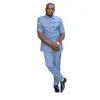 Men's Suits Blue Short Sleeve Summer Stand Lapel Single Breasted Daily Outfits Beach Full Set 2 Piece Jacket Pants Set Blazer 2