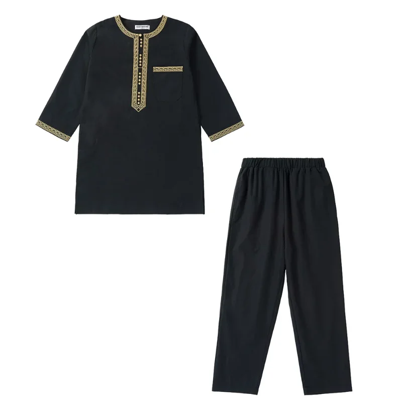 이슬람 어린이 가운 2 조각 세트 어린이 소년 라운드 넥 긴 소매 인쇄 드레스 셔츠 Abaya Kaftan Jubba Thobe 이슬람 의류