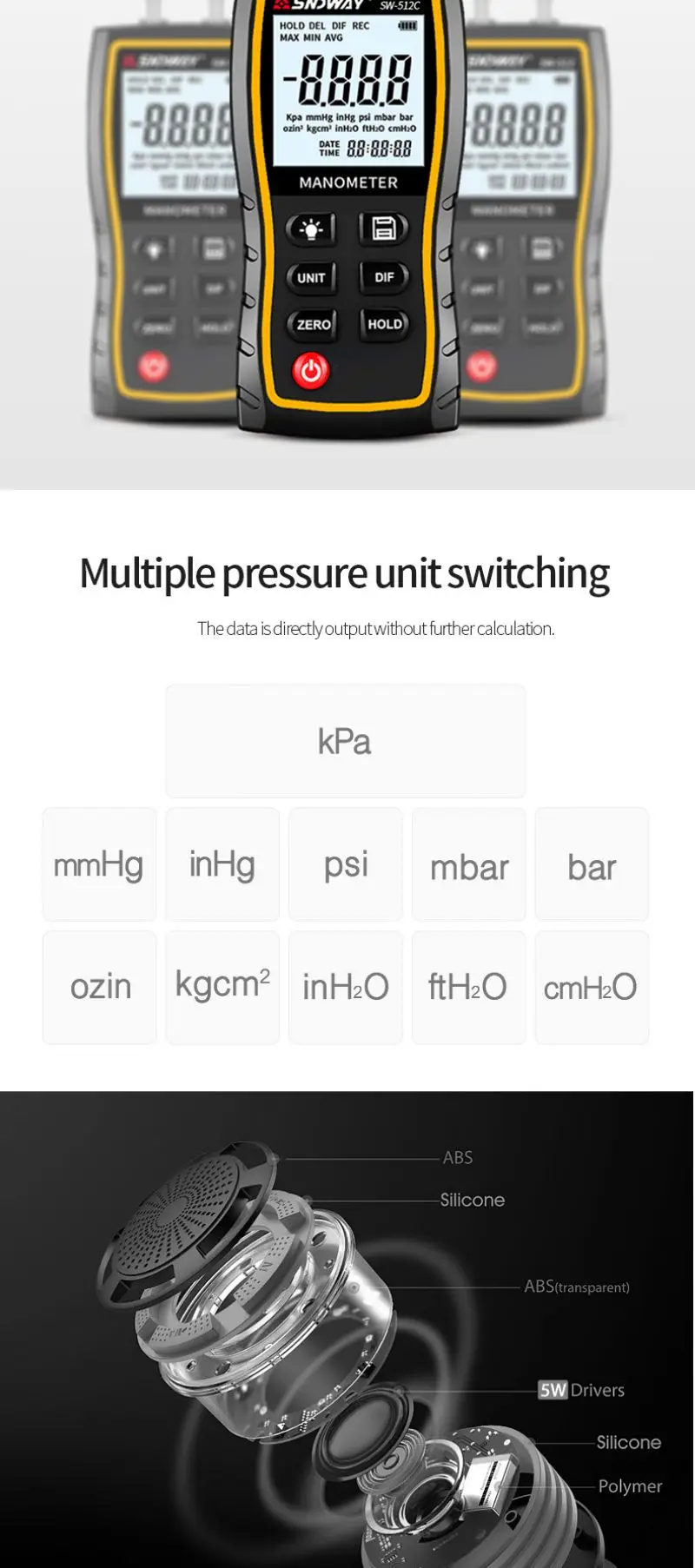 Description Picture 6 of itemSNDWAY SW-512 Digital Pressure Gauge Differential Gas Pressure Gauge Measuring Instruments Barometric Gauges SW-512B SW-512C