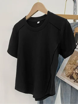 تي شيرت نحيف بأكمام قصيرة ورقبة دائرية بلون سادة للنساء لصيف 2025 وأوروبا جديد 5