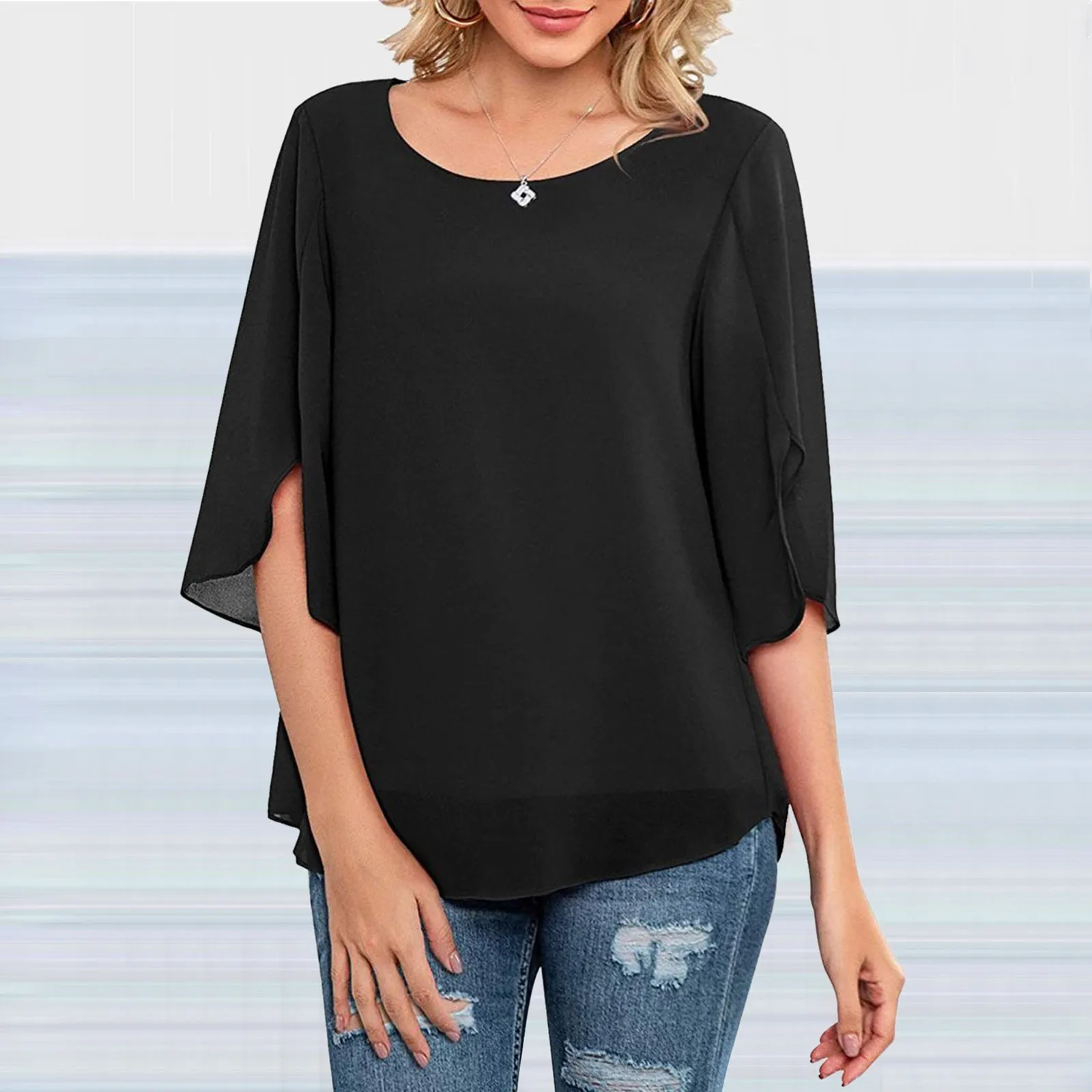 Blusa holgada de LICRA para mujer, camisa de cuello redondo de gasa de doble capa con manga a la moda, talla grande, novedad - AliExpress