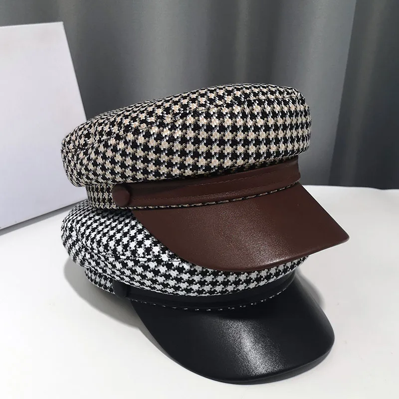 Fashion Octagonal Cap for Women Plaid leather Visors Newsboy Cap New Vintage Autumn Winter Berets Ladies Hat 3 colors