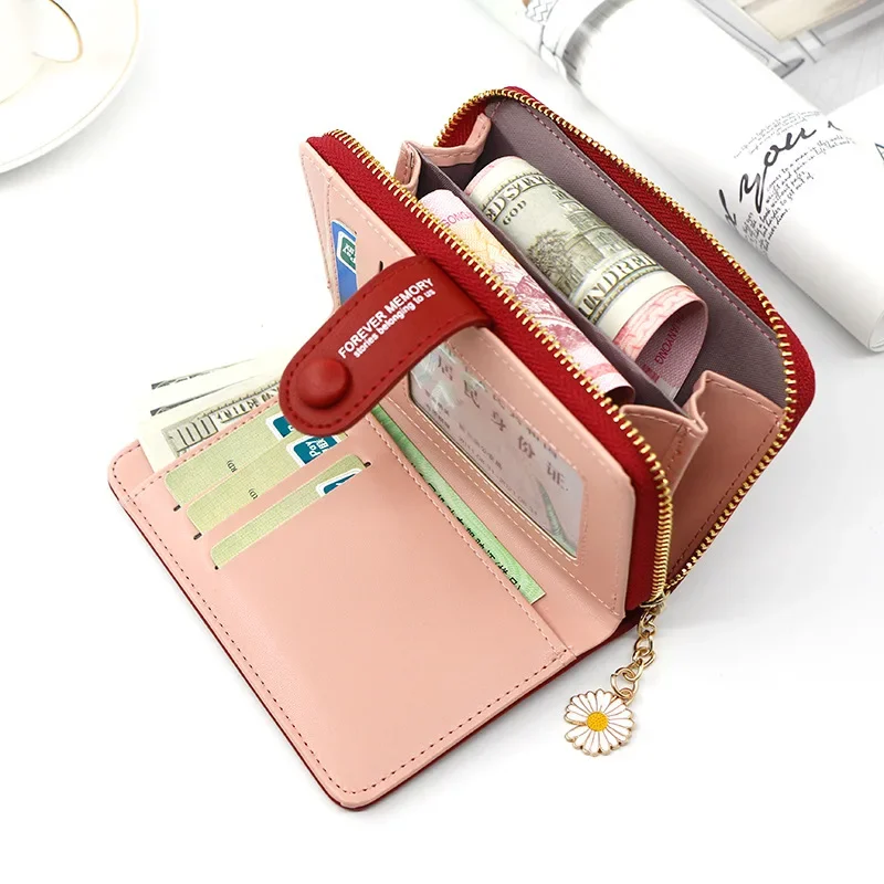 Women Long Wallets 2021 Fashion Design Embroidery Daisy Card Holder Large-Capacity PU Coin Purse Simple Zipper Money Bag Wallets 6
