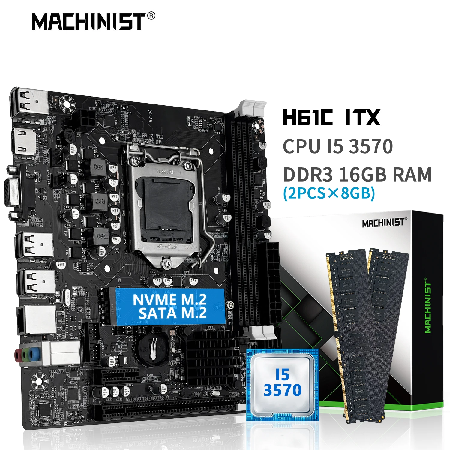 MACHINIST H61 마더보드 콤보 키트, 인텔 I5 3570 CPU LGA 1155 프로세서, 16GB DDR3 데스크탑 RAM 메모리, M.2 NVME VGA HDMI ITX H61C