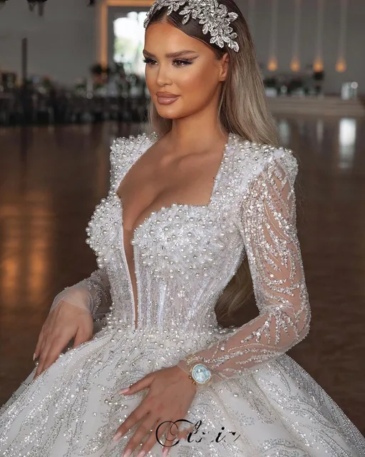 Princess wedding dresses for women long sleeves pearls sequins dubai bridal gowns luxury arabic chapel vestidos